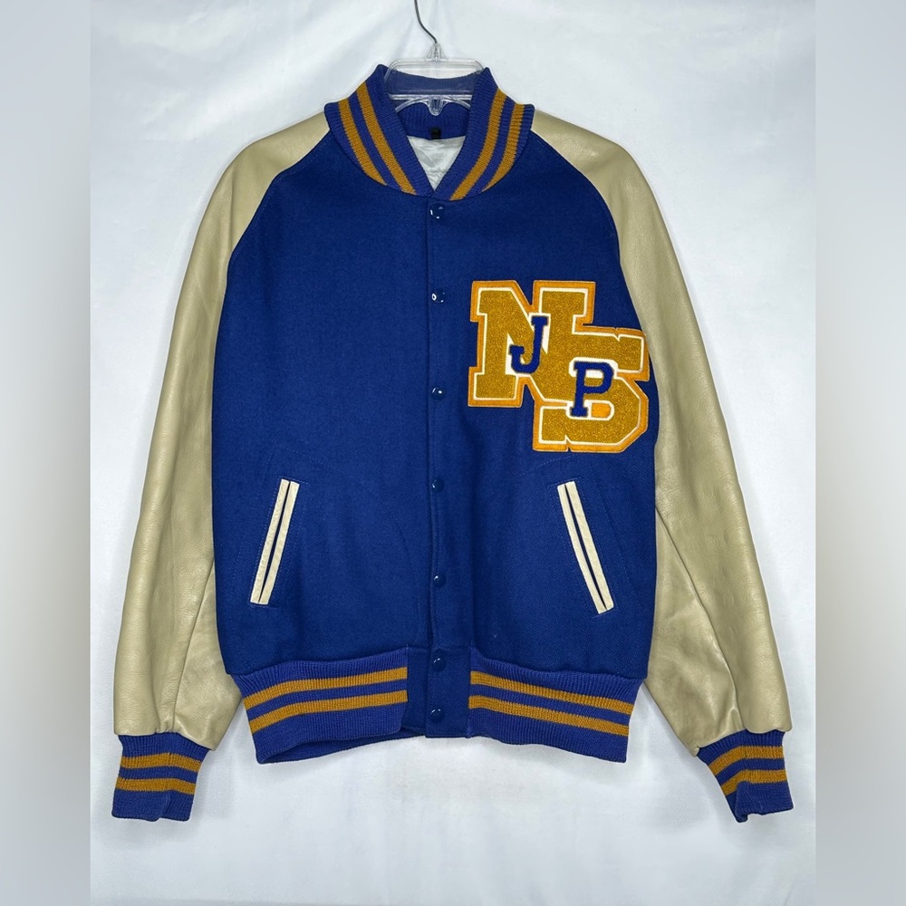 Vintage The Sportsman Lafayette Varsity Jacket Blue Wool‎ Leather Sleeves Sz 42